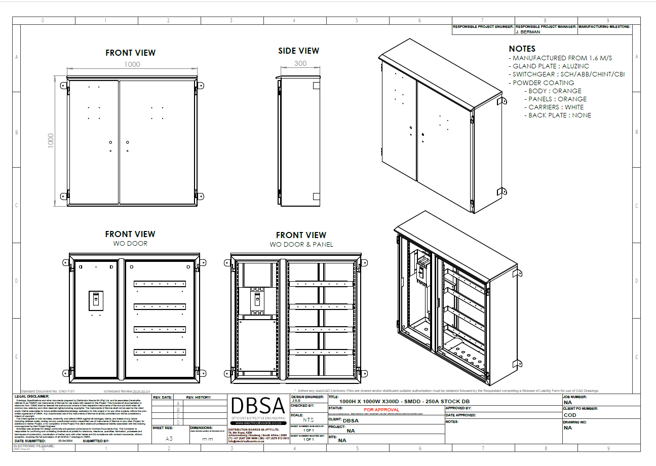 Surface Mounted Distribution Board – IP65 Weatherproof (1000mm H x 1000mm W x 300mm D)